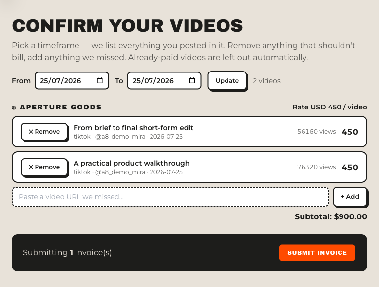 Attention8 creator portal showing fictional assigned videos ready for invoice confirmation.